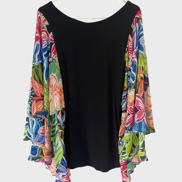 KB Studio Floral Print Blouse Womens Large Black Multicolor Drape Sleeve Top New - Picture 3 of 11